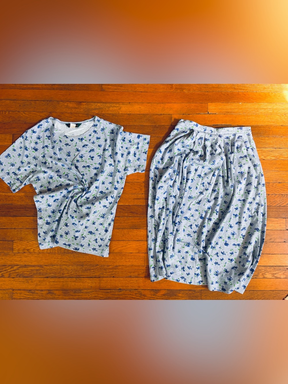 Women’s blue Floral Blue two piece Set - skirt is s top is m cotton blend